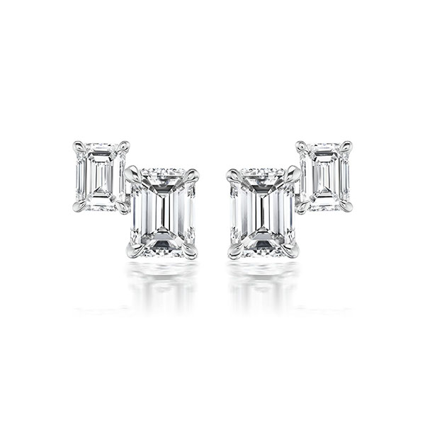 18K Double Emerald Cut Diamond Stud Earrings